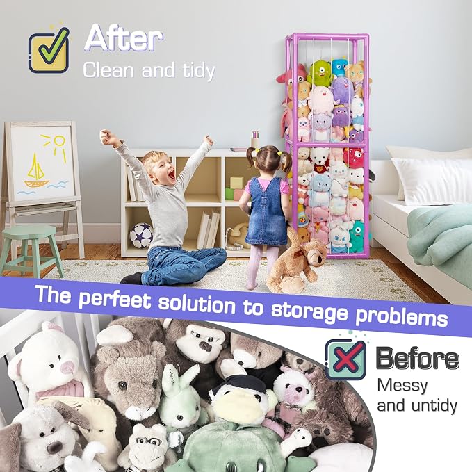 Stuffed Animal Storage Zoo Holder Space Save, PVC Stuffed Animal Organizer | Vertical Plush Toy Organizer with Elastic Band and Net, Large Capacity Stuffy Storage for Playroom Bedroom Nursery