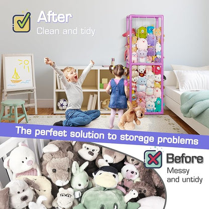 Stuffed Animal Storage Zoo Holder Space Save, PVC Stuffed Animal Organizer | Vertical Plush Toy Organizer with Elastic Band and Net, Large Capacity Stuffy Storage for Playroom Bedroom Nursery