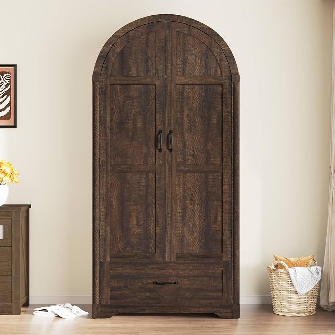 Squireewo 2 Doors Armoire Wardrobe Closet with Doors and Drawers, 71" Farmhouse Arched Wooden Wardrobe Cabinet with Mirror and Lights, Large Armoire Storage Cabinet with Shelves & Hanging Rod,Brown