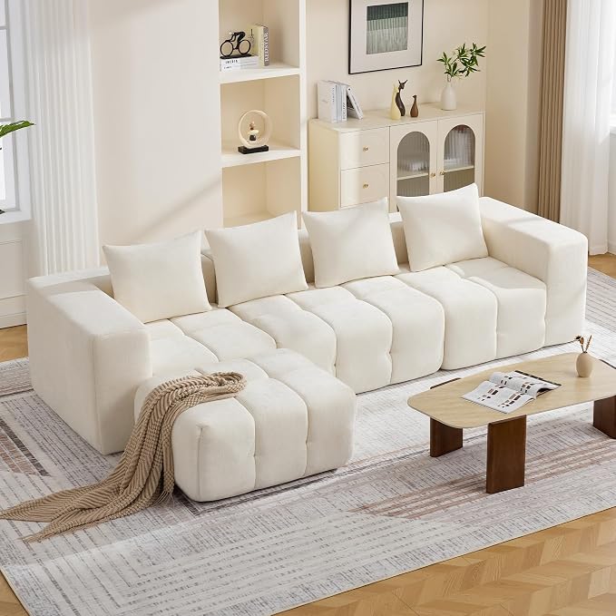 119" Boneless Couch, Oversized Cloud L Shaped Couch, Modular Sectional 4 Seater Sofa with Deep Seat, Modern Sectional Memory Foam Couches for Living Room, Tufted Sofa, No Assembly Required, Beige