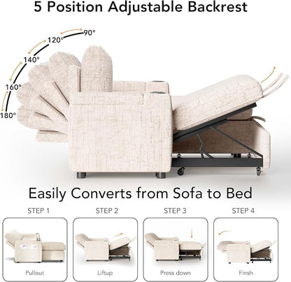 Vipbear Sleeper Sofa Bed, 82" Pull Out Couch with Reclining Backrest/Reversible Storage Chaise, 3 in 1 L-Shaped Couch with Armrest Storage | Cup Holder | Side Pocket | Tool-Free Assembly | Beige
