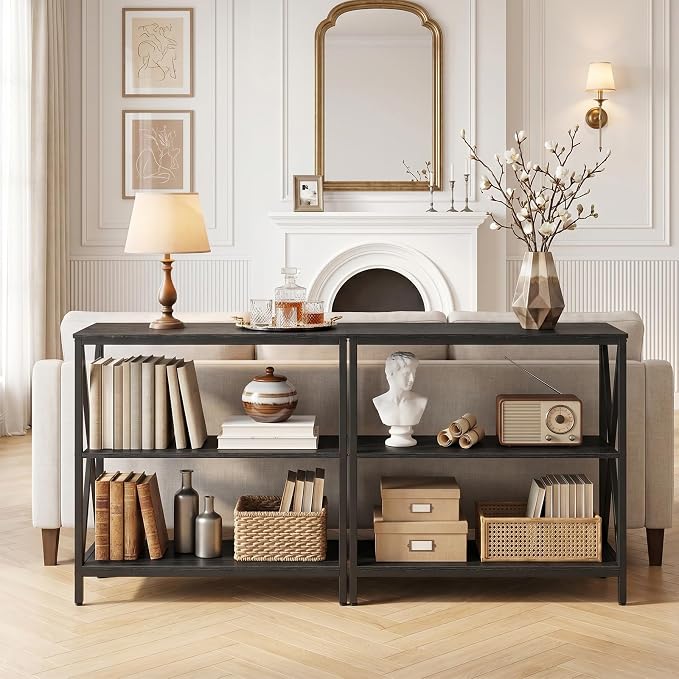 MAHANCRIS 31.5" Sofa Table, Industrial Console Table, 3-Tier Narrow Sofa Table with Storage Shelves, Foyer Table for Entryway, Hallway, Kitchen, Living Room and Bedroom, Easy Assembly, Black CTHB8001
