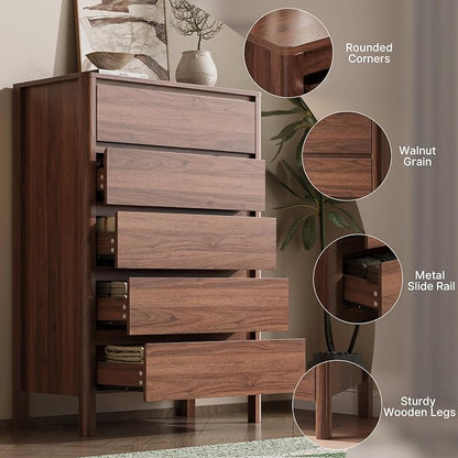MAISONARIA Walnut 3-Piece Dresser Bedroom Set, 5 Drawers Dresser & 2 Drawer Nightstands with Hidden Handles, Wood Chest of Drawers for Bedroom, Living Room, Entryway