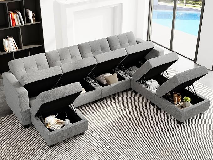 Belffin Modular Storage U-Shape Sectional Sofa Couch with Reversible Chaises 7-seat Sofa with Storage Seat Modular Sectional Sofa Set with Ottomans Modern Fabric Light Grey