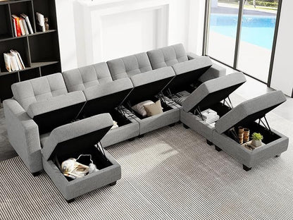 Belffin Modular Storage U-Shape Sectional Sofa Couch with Reversible Chaises 7-seat Sofa with Storage Seat Modular Sectional Sofa Set with Ottomans Modern Fabric Light Grey
