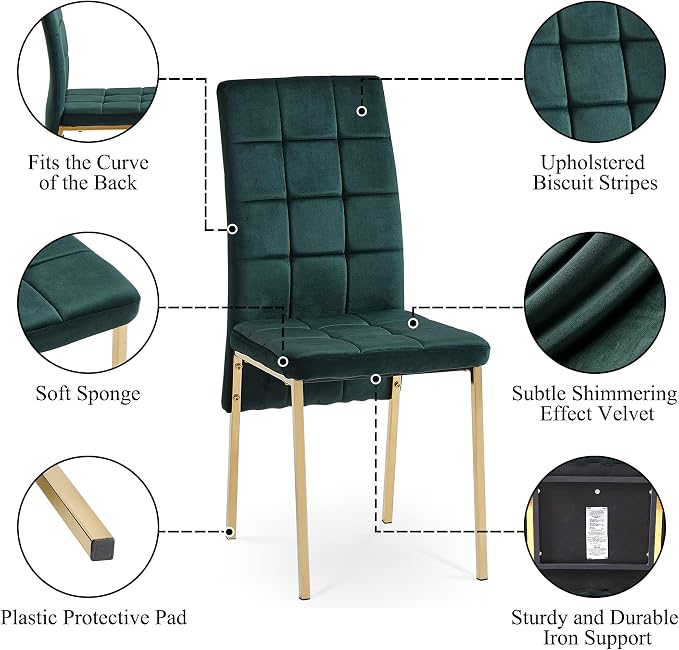 NORDICANA Upholstered Velvet Dining Chairs Classic Kitchen High Back Chairs Set of 4, Featured Dovetail Tufted Side Chairs, Golden Color Metal Legs, Forest Green