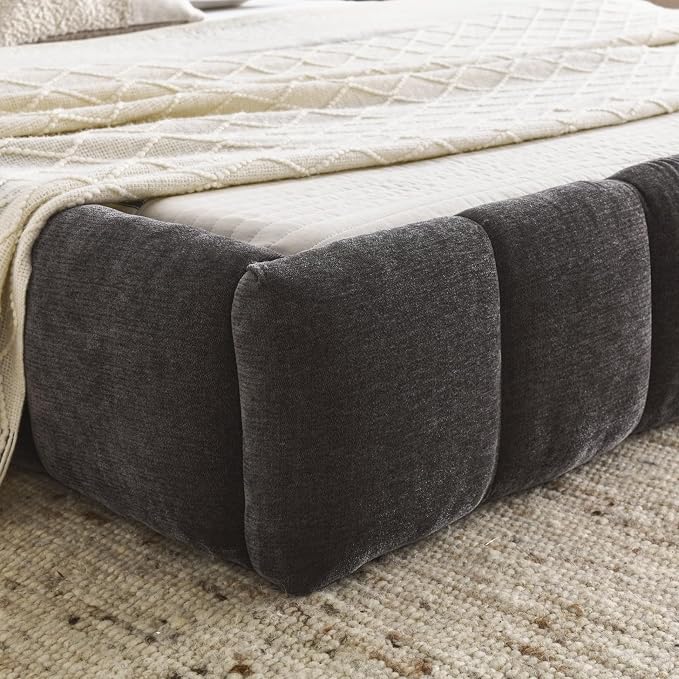KEIKI Queen Thick Chenille Platform Bed Frame with Upholstered Tufted Headboard, Modern Solid Wood Floor Platform for Bedroom, No Box Spring Needed