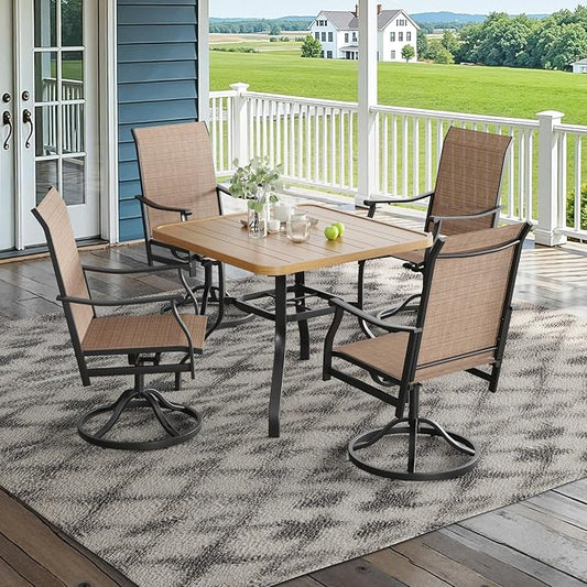 Soohow Patio Dining Set for 4, 5-Piece Outdoor Dining Set 4 x Swivel Patio Chairs and 35"x35" Outdoor Dining Table with 1.57" Umbrella Hole, Wood-Like, for Poolside, Backyard