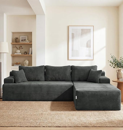 Hobestluk Modular Sectional Sofa Couches L-Shape Couch 3 Seat Modular Sofa Memory Foam Sectional Couches for Living Room, Cloud Couch with Oversized Chaise (Grey Corduroy, 96", Right Hand Facing)