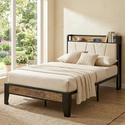 LIKIMIO Twin Bed Frames with Storage Headboard & Charging Station | Upholstered Headboard, Storage Shelf, Solid and Stable, Noise Free, No Box Spring Needed, Easy Assembly (Walnut and Beige)