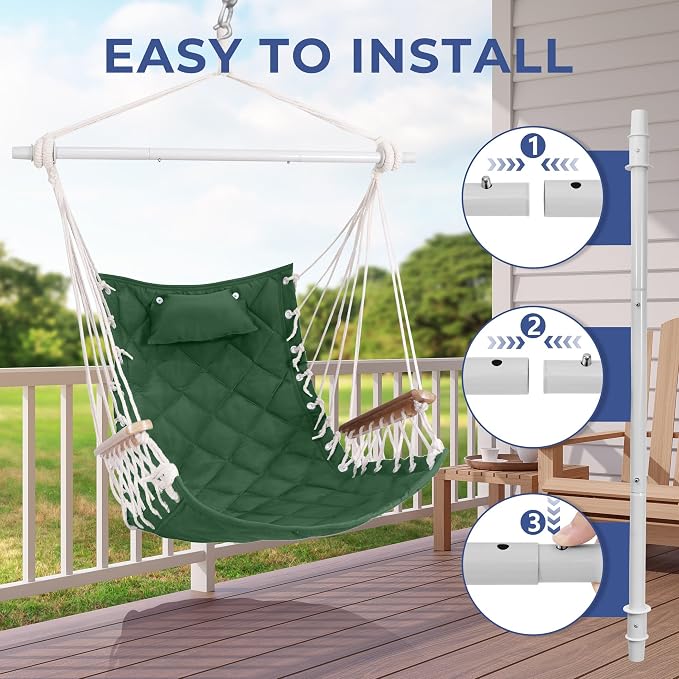 Hammock Chair Hanging Swing with Wooden Armrest,Steel Spreader Bar,Pillows,Hardware kit Included;Cotton Woven;Up to 350 Lbs,for Indoor Outdoor Green