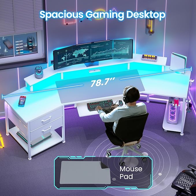 Itaar 79" Gaming Desk with 2 Fabric Drawers, Long Computer Desk with Power Strip & LED Lights, U Shaped Desk with Storage and Cup Holder, Large Gaming Table for Bedroom, Carbon Fiber White