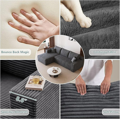 95" Modular Sectional Sofa, Modern Corduroy Cloud Couch with Side Pockets, Boneless Couch Upholstered 3-Seater L-Shaped Sofa for Living Room, No Assembly Required (Dark Gray,Left-Facing Chaise)