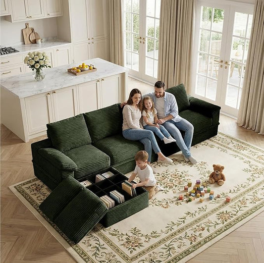 142" Modular U-Shaped Sectional Sofa with Storage, 4-Seat Corduroy Boneless Couch, 27" Deep Seat Cloud Couch & 2 Movable Ottoman, Tool-Free Assembly, Couch for Living Room, Green