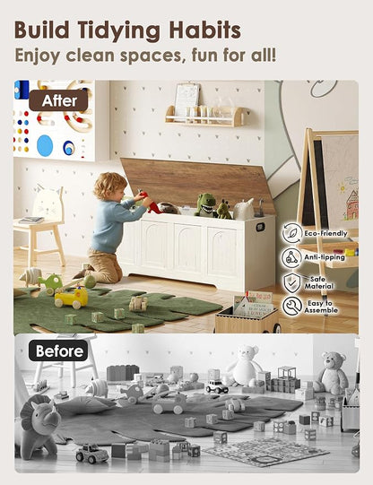 DINZI LVJ Storage Chest, 50” Extra Large Storage Bench with 2 Safety Hinges, Farmhouse Wooden Toy Box with Flip-Top, Large Trunk for Living Room, Playroom, Easy Assembly, Honey Brown and Rustic White