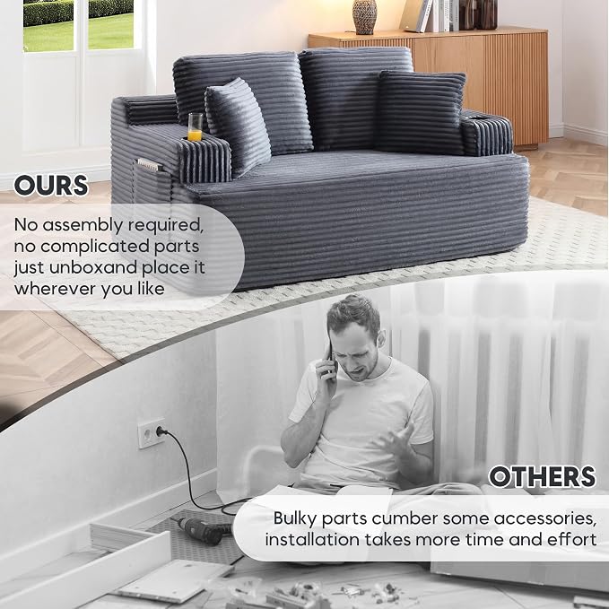 66.5'' Boneless Sofa Couch with Cup Holders & Side Pockets, Modern Corduroy Fabric Upholstered Loveseat Couch with 2 Throw Pillows for Living Room Office, No Assembly (Grey)