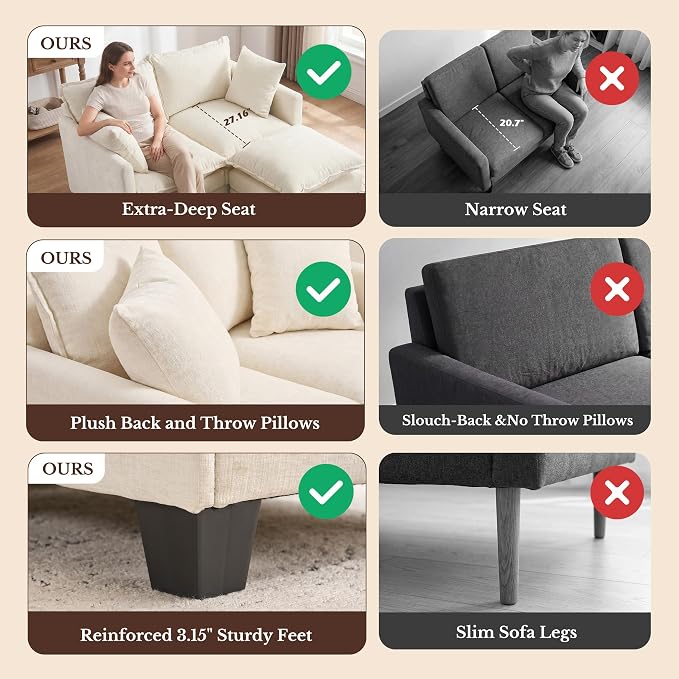 Loveseat Sofa with Ottoman, Cloud 3-Layer Cushion & 27" Deep Seat Modern Small Couch with 2 Washable Pillows for Small Spaces, Bedroom, Apartment, Office, Living Room, in a Box, 50-Inch Beige