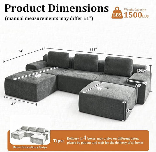 122" U-Shaped Modular Sectional Sofa, Oversized Boneless Cloud Couch for Living Room with Extra Deep Seat & High Back, Tool-Free No Assembly, Soft Chenille (Dark Grey, 122 inch-U Shaped（3+2）)