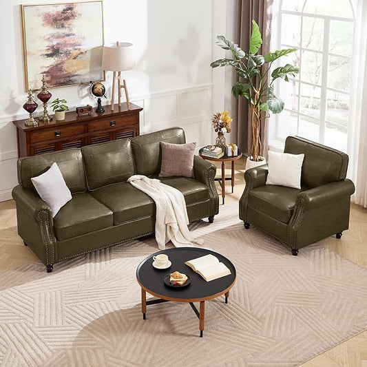 Kingfun Mid-Century Modern Couch, Faux Leather Sofa Set, 3 Seater Couch for Living Room with Rolled arms & Nailhead Trim, Olive Green