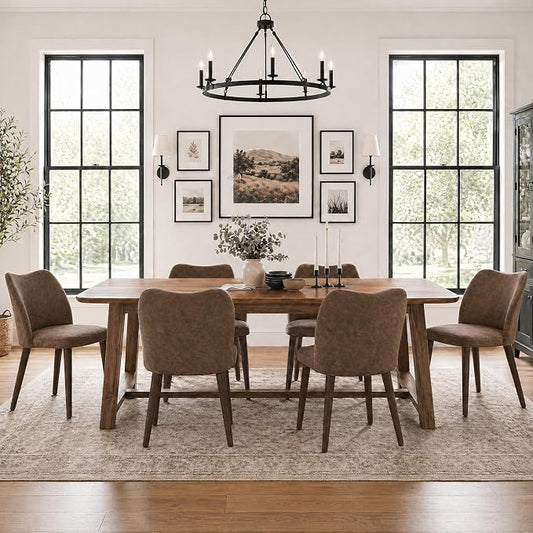 COLAMY Dining Chairs Set of 6, Upholstered Leather Kitchen Chairs with Curved Back, Padded Seat and Solid Wood Legs, Modern Dining Chair for Kitchen Dining Room, Dark Brown