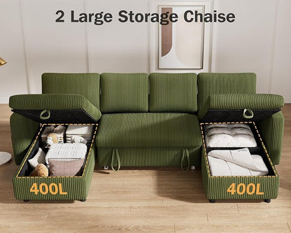Vipbear 104" Sectional Sleeper Sofa Bed with Pull Out Bed, U Shaped Couch Pull Out Couch with Reclining Backrest, Reversible Storage Chaise, USB Ports, Tool-Free Assembly, Corduroy Green