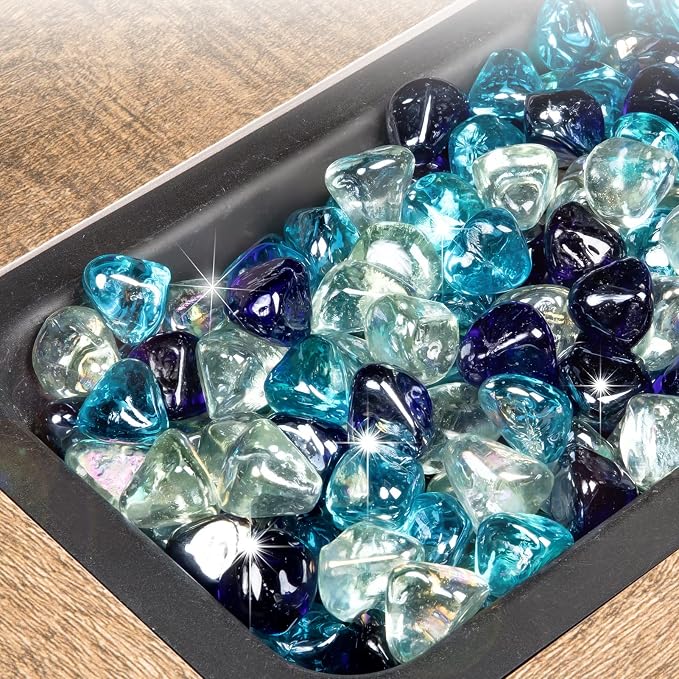 GASPRO 20 Pound Fire Glass Diamonds 1 Inch, Fire Pit Glass Rocks for Gas Fireplace and Fire Pit, Blend of White, Cobalt Blue and Margarita Azura Blue, High Luster
