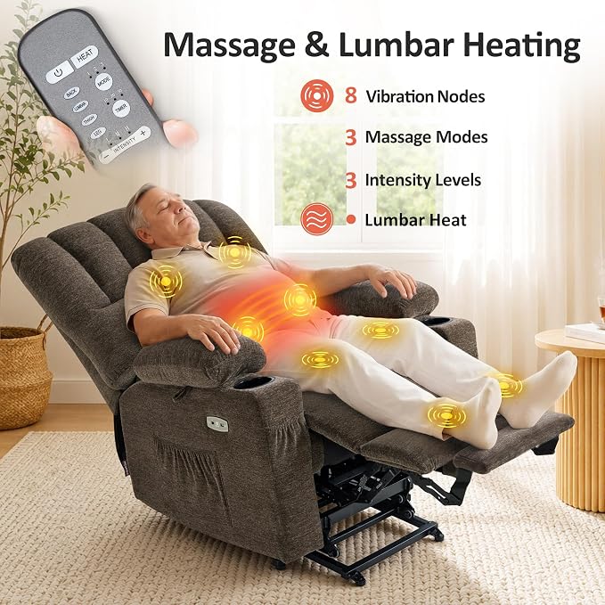 MCombo Oversized Power Lift Recliner Chair for Elderly, Lift Chair with Heat and Massage, Lift Recliner for Big and Tall, Cup Holders, USB & Type C Ports, Fabric R7092 (Mocha, Oversize)