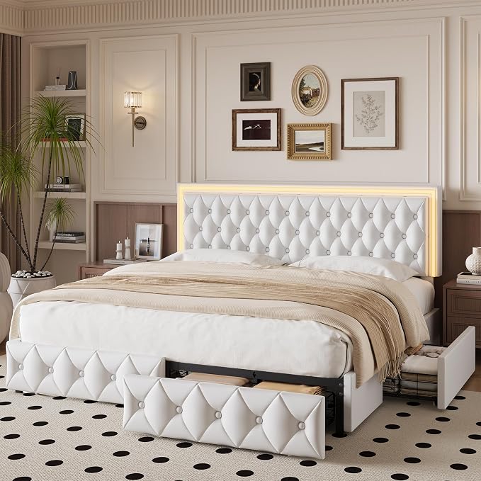 Keyluv King Size LED Bed Frame with 4 Storage Drawers and Adjustable Headboard, PU Leather Upholstered Button Tufted Modern Platform Bed, Solid Wooden Slats Support, Easy Assembly, White