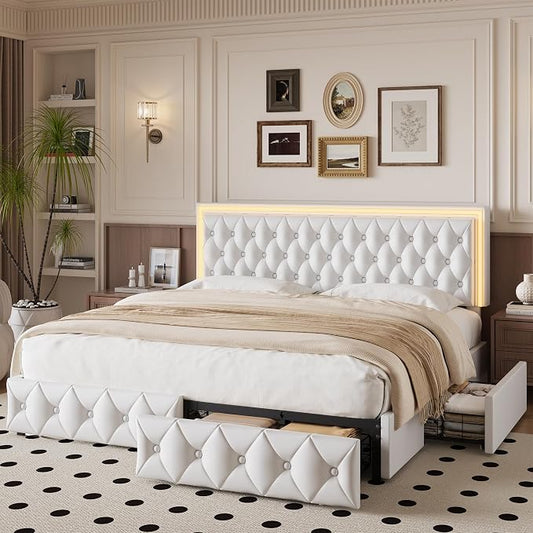 Keyluv Full Size LED Bed Frame with 4 Storage Drawers and Adjustable Headboard, PU Leather Upholstered Button Tufted Modern Platform Bed, Solid Wooden Slats Support, Easy Assembly, White