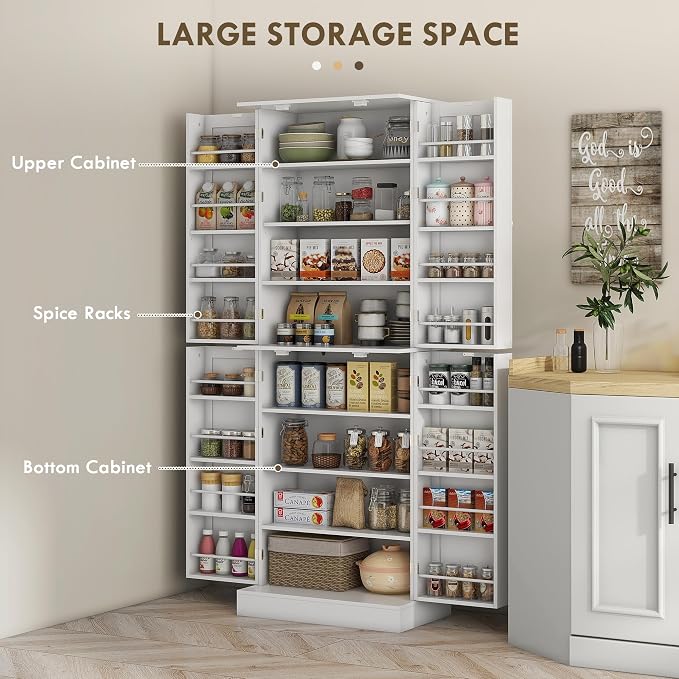 HOMCOM 65" Kitchen Pantry Storage Cabinet, Freestanding Kitchen Cabinet with 16 Door Shelves, Double Doors, 8-Tier Shelving and Adjustable Shelves, White