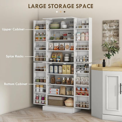 HOMCOM 65" Kitchen Pantry Storage Cabinet, Freestanding Kitchen Cabinet with 16 Door Shelves, Double Doors, 8-Tier Shelving and Adjustable Shelves, White