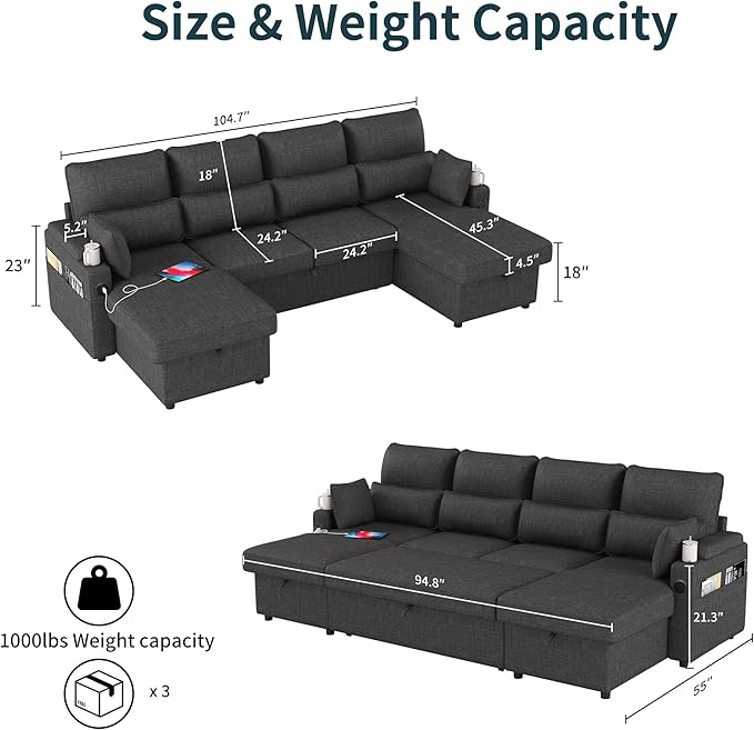 L-Shaped Sectional Sofa with Storage, Reversible Sleeper Sofa Couch with Chaise, Soft Fabric Upholstered Modular Couch with Cup Holder & Side Pockets, 1000lbs Capacity for Living Room