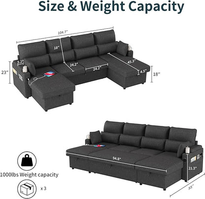 L-Shaped Sectional Sofa with Storage, Reversible Sleeper Sofa Couch with Chaise, Soft Fabric Upholstered Modular Couch with Cup Holder & Side Pockets, 1000lbs Capacity for Living Room