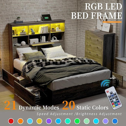 LUXOAK 5-Piece Farmhouse Bedroom Set, 1 X Queen Size Bed Frame, 1 X 5 Drawer Dresser, 1 X Wood Rustic 6 Drawer Storage Dresser, Nightstand Set of 2 with Charging Station, Bedroom Furniture Set, Grey