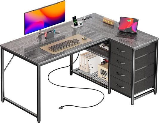PRAISUN 43.3" Small Computer Desk with Power Outlets & USB-C Port, Reversible L Shaped Corner Office Desk with 4 Fabric Drawers and 2 Adjustable Storage Shelves, for Gaming Writing, Grey