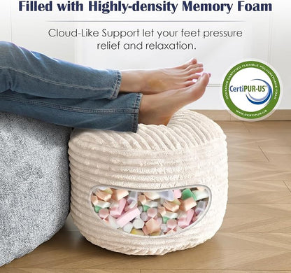 SHOUREN Stuffed Round Ottoman,Corduroy Pouf Ottoman Foot Rest with Foam Filling,Pouf Storage Ottoman Footstool for Living Room,18 X 14 Floor Poufs for Couch,Footrest Only - 18 X 14 Inches,Beige