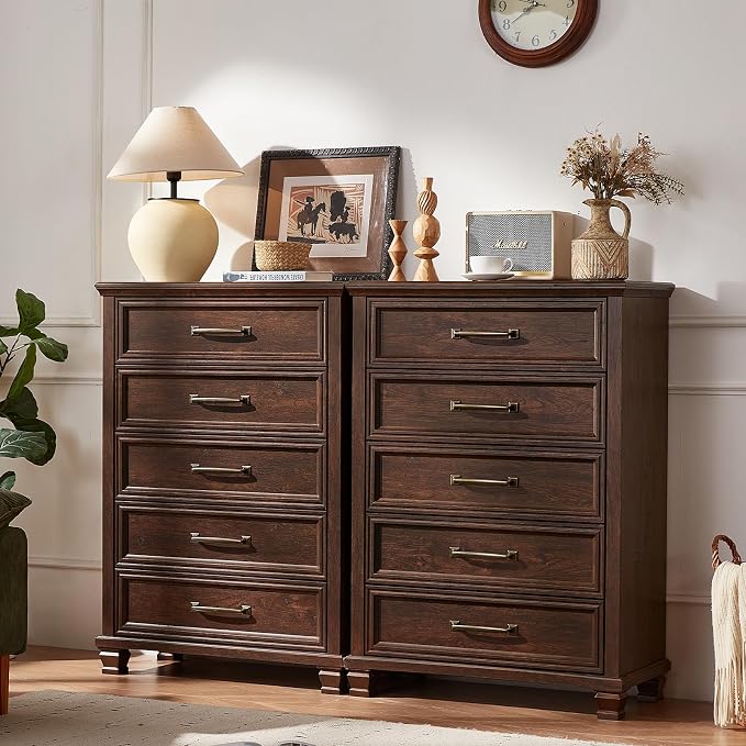 SAVOR LIFE Farmhouse Chest of Drawers for Bedroom, 45” Tall Dresser for Closet, Rustic Wood Dressers for Bedroom, Hallway, Entryway, Walnut