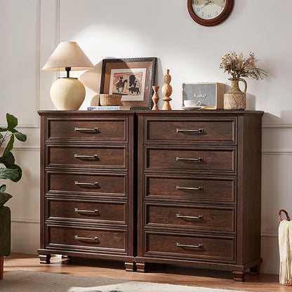 SAVOR LIFE Farmhouse Chest of Drawers for Bedroom, 45” Tall Dresser for Closet, Rustic Wood Dressers for Bedroom, Hallway, Entryway, Walnut