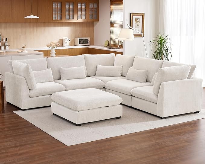 115" Oversized Chenille Couch Modular Sectional Sofa, Washable Cloud Couch Sectional with Ottoman, 6 Seater Sectional Couches for Living Room, Fully Cover Removable, V Shaped & Corner, Chenille, White