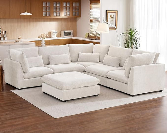 115" Oversized Chenille Couch Modular Sectional Sofa, Washable Cloud Couch Sectional with Ottoman, 6 Seater Sectional Couches for Living Room, Fully Cover Removable, V Shaped & Corner, Chenille, White