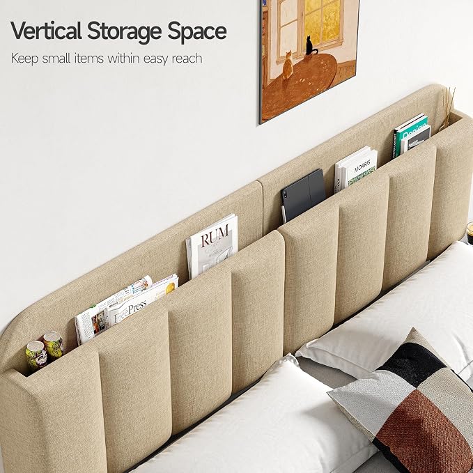 Adjustable Headboard for King/California King Size Bed Frame, Linen Fabric Bed Headboard with Storage & RGB LED Light in Modern Vertical Channel Design, Beige
