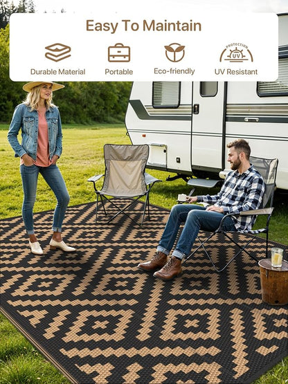 GENIMO Outdoor Rug for Patio Clearance,9'x12' Waterproof Large Mat,Reversible Plastic Camping Rugs,Rv,Porch,Deck,Camper,Balcony,Backyard (Black & Brown)