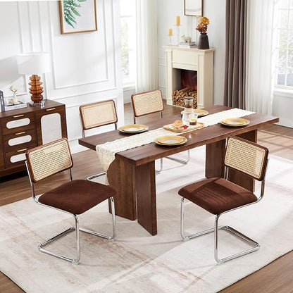 Zesthouse Rattan Dining Chairs Set of 6, Mid Century Modern Dining Room Chairs with Natural Cane Mesh & Chrome Base, Brown Cesca Chair Chenille Fabric, Farmhouse Kitchen Chair with Solid Wood Back