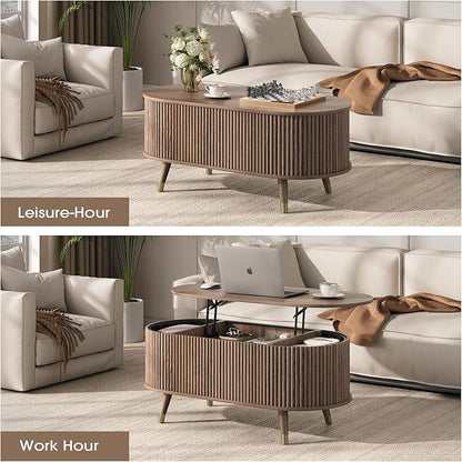 Oval Coffee Table with Storage, 42.5” Fluted Coffee Table with Lifting Top & Solid Wood Legs, Modern Lift Up Center Table for Living Room, Home Office, Walnut