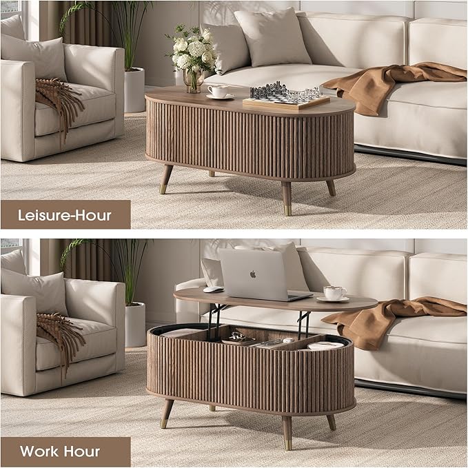 JOINICE 42.5" Oval Lift Top Coffee Table with Storage, Mid Century Modern Walnut Center Table with Fluted Design, Solid Wood Legs & Hidden Compartment, Pop Up Coffee Table for Living Room
