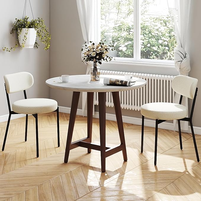KROFEM Set of 2 Boucle Fabric Dining Chairs,White | Mid-Century Style Comfort Sponge Filled Seat Back Dining Room Chairs for Kitchen Dining Table