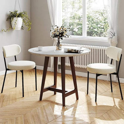 KROFEM Set of 2 Boucle Fabric Dining Chairs,White | Mid-Century Style Comfort Sponge Filled Seat Back Dining Room Chairs for Kitchen Dining Table