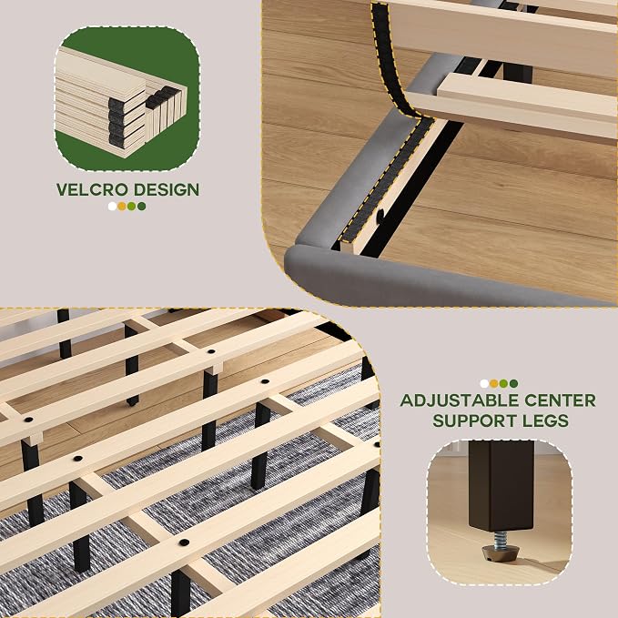 King Size Bed Frame with Velvet Upholstered Platform Bed and Wooden Slats Support, Adjustable Height Headboard/No Box Spring Needed/Easy Assembly/Mattress Foundation