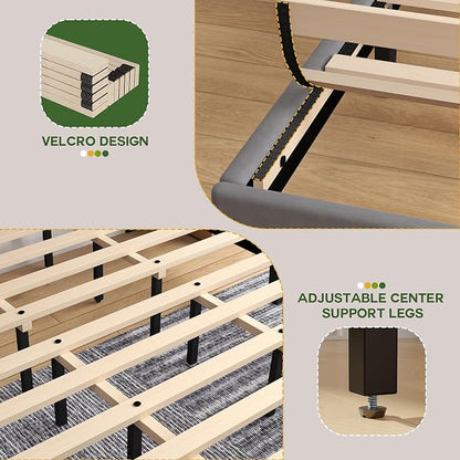 King Size Bed Frame with Velvet Upholstered Platform Bed and Wooden Slats Support, Adjustable Height Headboard/No Box Spring Needed/Easy Assembly/Mattress Foundation