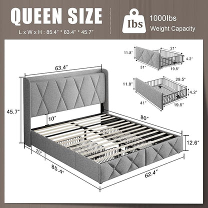 Einhomn Queen Bed Frame with 4 Storage Drawers and Charging Station, Upholstered Platform Bed Frame with Storage Headboard, No Box Spring Needed, Easy Assembly, Light Grey